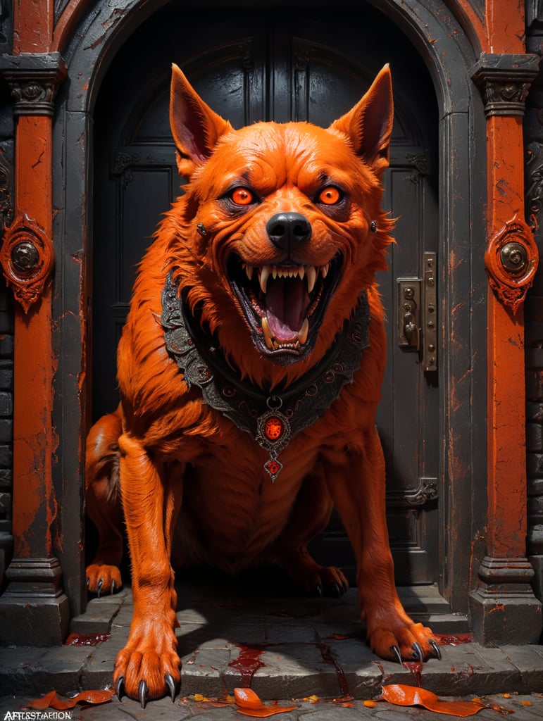 The Originals dog mutant character dressed in orange, evil eyes, full body in a doorway and vampire blood fangs