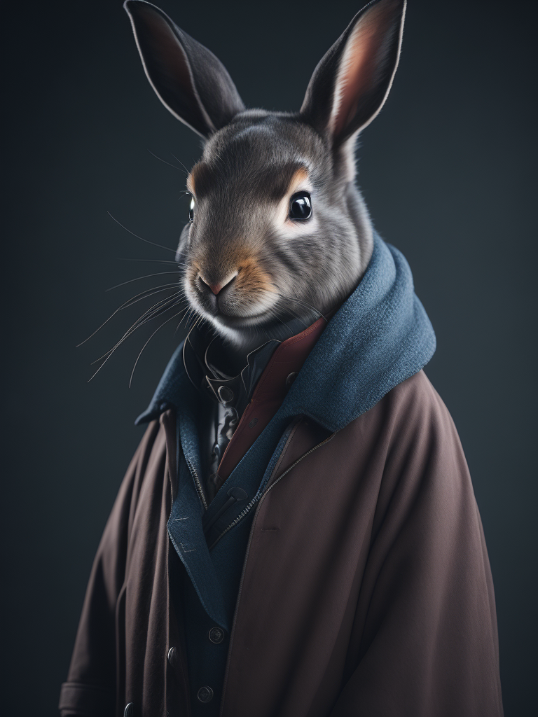 a portrait of a rabbit wearing a ship skin coat, details, focus on details, deep atmosphere, photo realistic