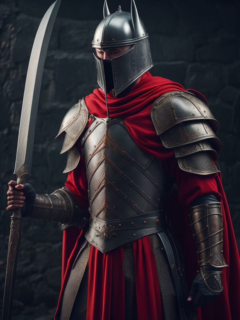 medieval knight holding a large sword, dramatic light, red