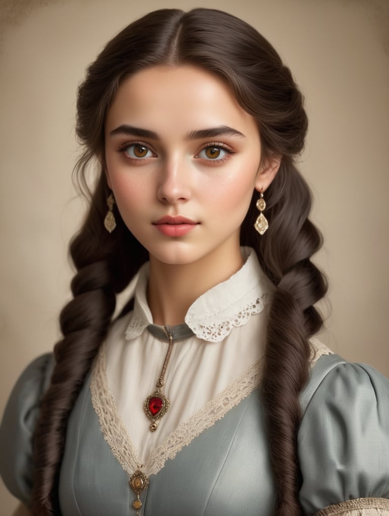 Twenty year old Georgian England era pretty girl with beautiful dark eyes and small heart shaped face, high cheekbones, highly detailed, saturated, high definition. Brown hair, fair skin