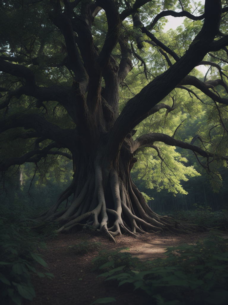 A single century-old tree in a dark forest illuminated by moonlight streaming through its leaves with exposed roots, viewed from a more open plan in an atmospheric atmosphere.
