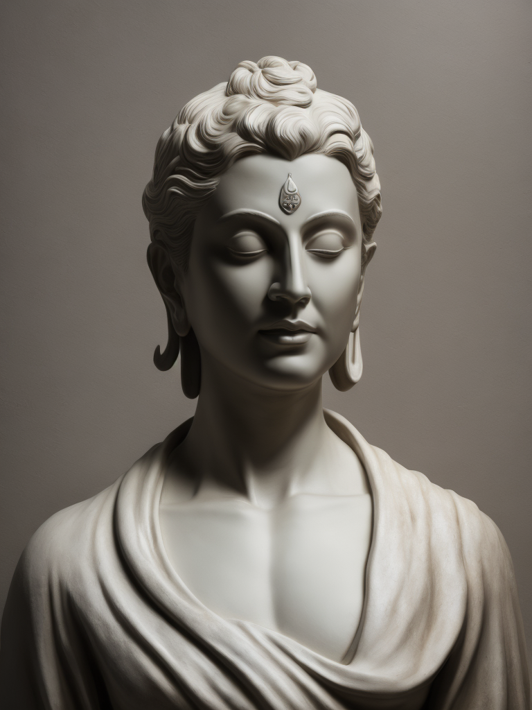 Hyper-realistic photograph: A pristine bust of budha, reminiscent of ancient Greek sculptures, stands majestically against a muted background. The marble bust captures the goddess's ethereal beauty, with intricate details showcasing her perfectly symmetrical features, delicate collarbones, and cascading wavy hair. The sculpture exudes an aura of divine elegance and timeless beauty. The lighting is soft and directional, casting gentle shadows that accentuate the depth and details of the sculpture. Camera settings for the shot: Sony A7R IV, 85mm lens, f 2.0, ISO 100, with a soft sidelight to emphasize the sculpture's contours. --ar 4:5 --v 5 --q 2.