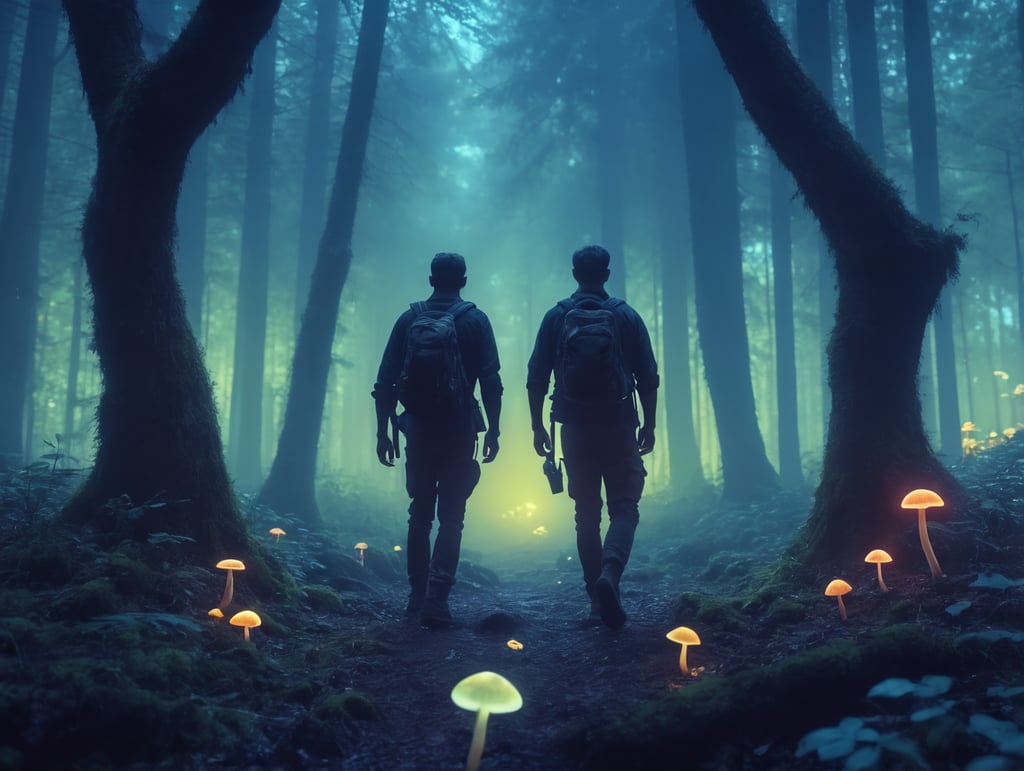 Using only the colors in the reference image, create a landscape of an peaceful and relaxing glowing forest with a single human exploring and glowing mushrooms on the forest floor
