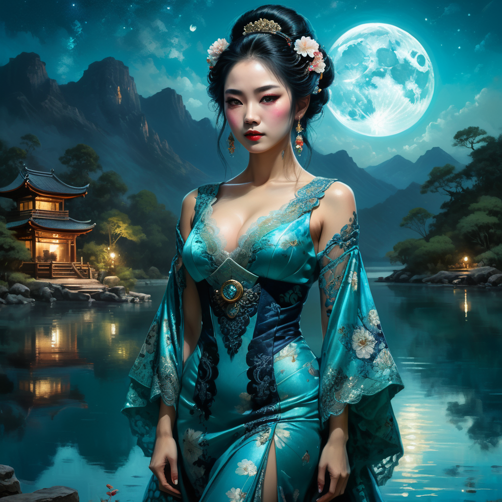 Beautiful Geisha in a blue turquoise and intricate motifs lace dress watching the fullmoon night starry sky by the lake, dark hair, dark fantasy, intricate details, hyper detailed, Jean Baptiste Monge, Carne Griffiths, Michael Garmash, seb McKinnon, masterpiece, sunshine