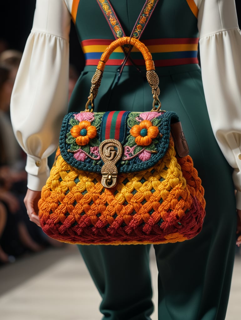 a closeup photo of a small puffy macrame purse made with puffy cords, a Gucci model standing on a runway holding bag with one hand, vogue fashion show, autumn colors