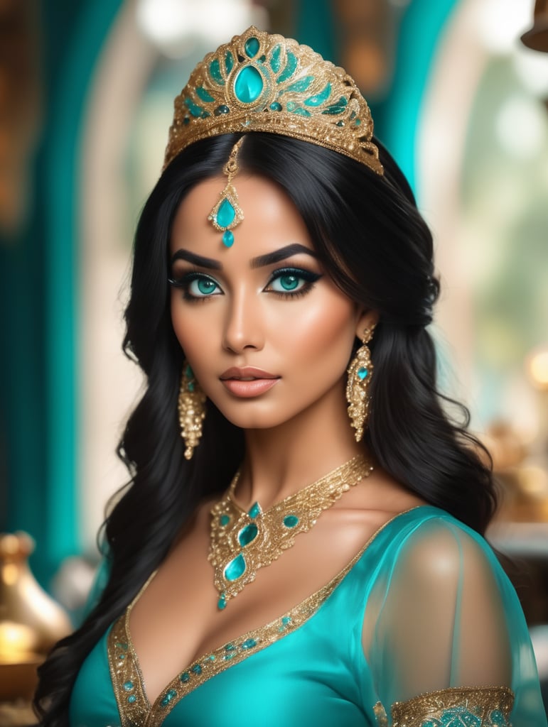 Stunning Princess Jasmine, 8k photo, cinematic style, subdued dramatic light, blurred bokeh background, translucent chef's turquoise outfit decorated with gold, large beautiful eyes with eyeliner, long black thick hair