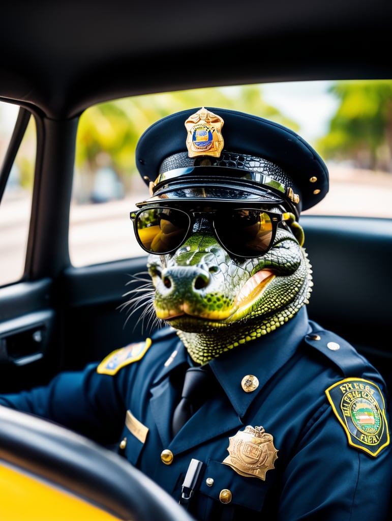 Alligator police officer, sitting behind the wheel of a taxi, close-up shot, sunglasses, clipart, stock photo