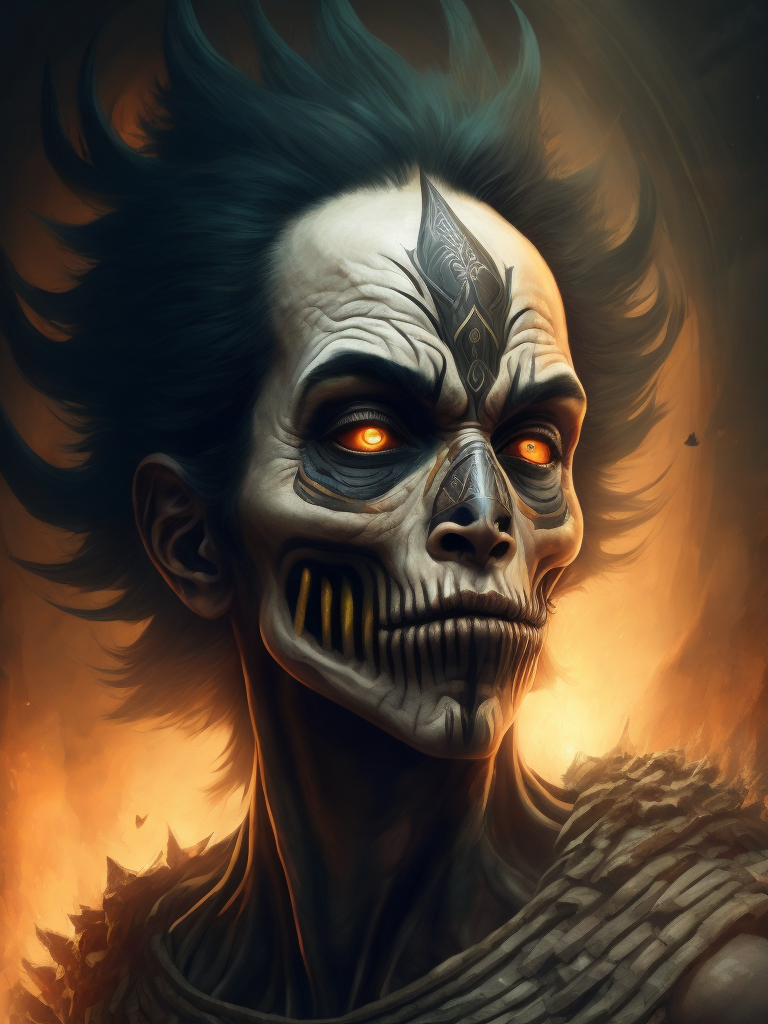 In this powerful and evocative image, mictlantecuhtli, the ancient aztec god of the underworld, emerges in all his ominous glory. rendered predominantly in stark black and white, with subtle gradations of gray, the depiction showcases the deity's menacing presence and serves as a testament to his authority. mictlantecuhtli's face embodies an intense fury, with furrowed brows and eyes ablaze with anger. his facial features are sharp and defined, with deep-set eye sockets that pierce through the darkness. elongated, bony structures form his skeletal visage, accentuating the otherworldly nature of his being. jagged teeth, stained and yellowed, protrude menacingly from his mouth, capturing his ferocity and instilling fear in those who behold him. the environment surrounding mictlantecuhtli reflects the essence of his era, transporting us to the aztec underworld known as mictlan.