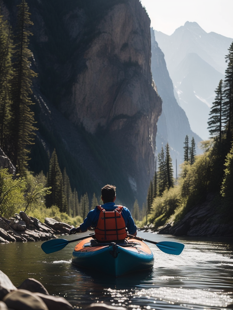 A man is kayaking on a mountain river, mountains, blue sky, high detail, rear view, forest, rocks, Very High details, Vibrant colors, sharp on details
