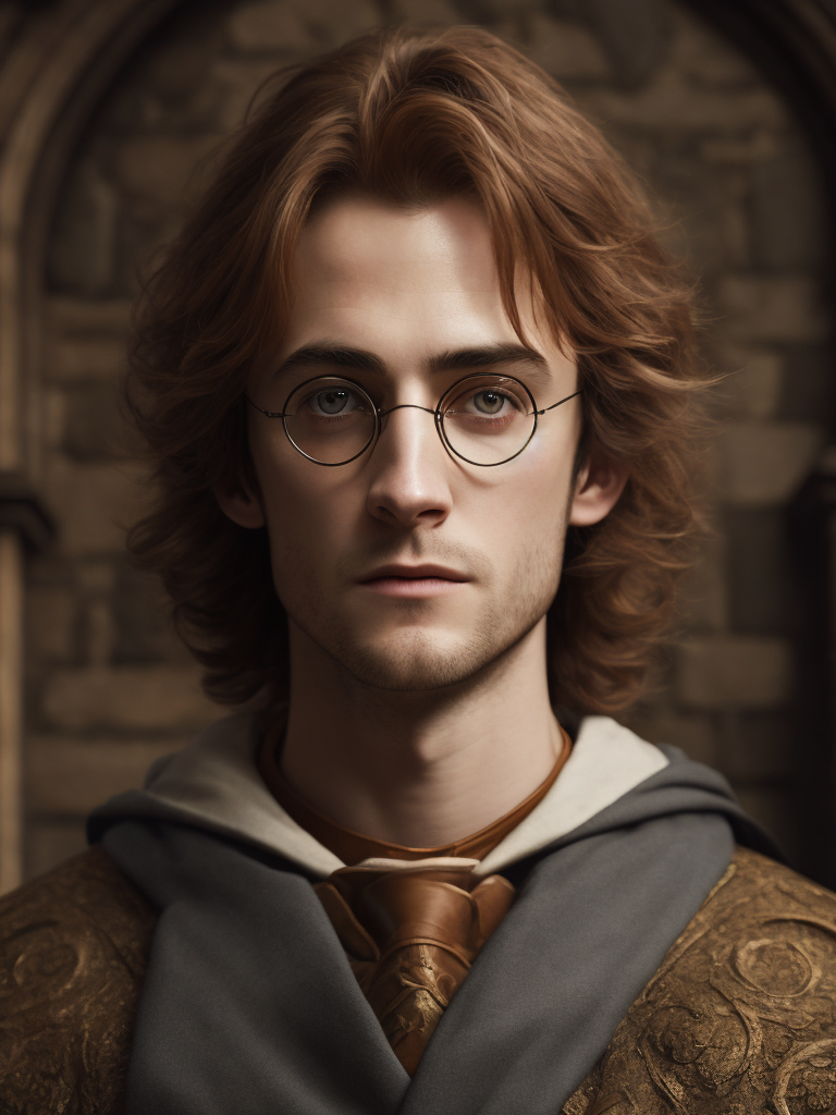 Portrait of Harry Potter in medieval style, detailed face, contrasting light, Against the backdrop of the castle,