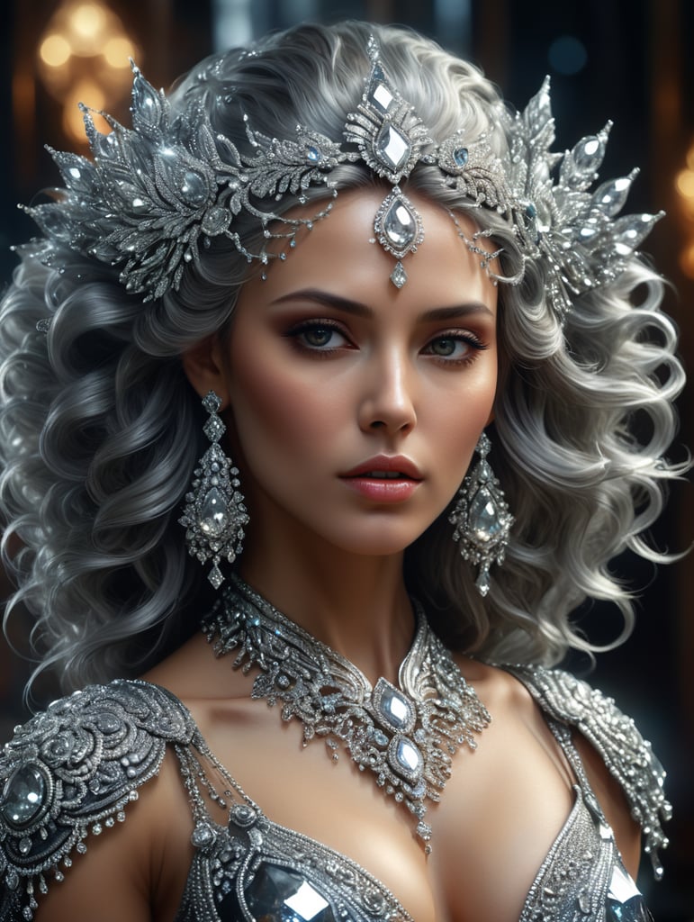 WS,an image of a woman with silver diamonds in her hair, in the style of mixes realistic and fantastical elements,fashion Deep V clothing, 4k