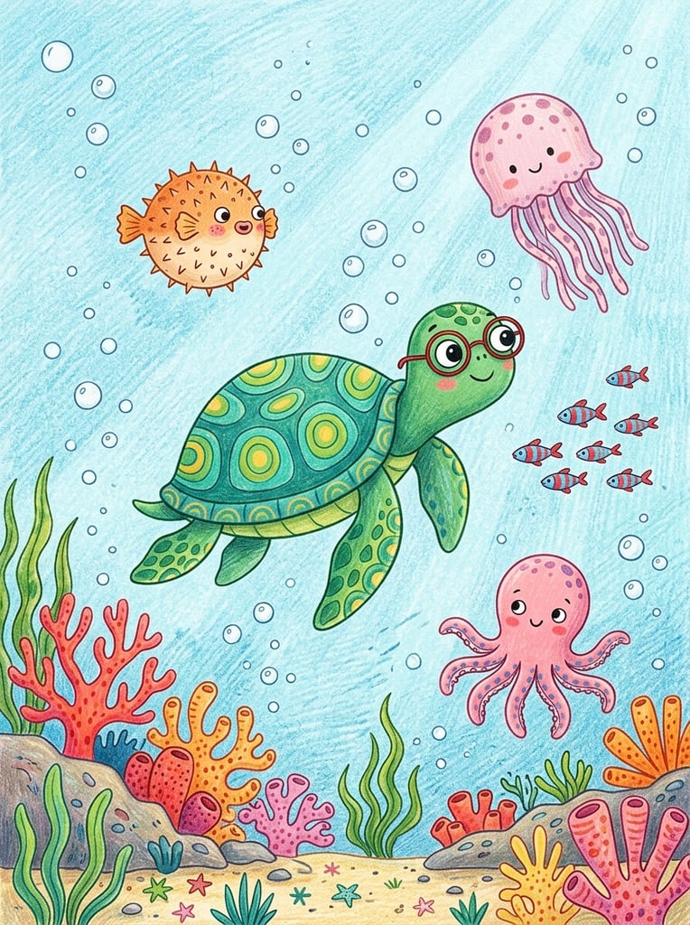 A whimsical colored pencil illustration of a stylized green sea turtle wearing round red glasses, swimming through a textured light blue ocean. The turtle is surrounded by a pink jellyfish, a small pink octopus, an orange spiky pufferfish, and several tiny red and blue striped fish. Vibrant red and orange coral lines the bottom edge alongside subtle white bubbles, all rendered in a flat, playful aesthetic.
