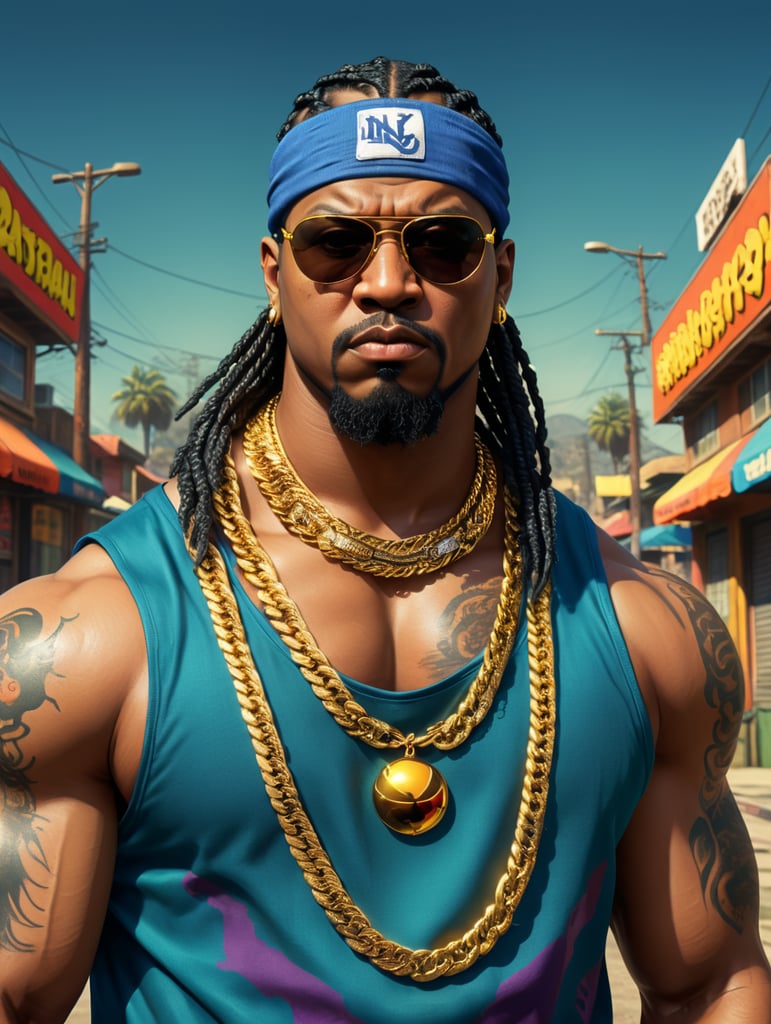 a simple Logo art of A furious, angry furious black crazy fat man ,box braids and cap, sunglasses ,gang member, gangsta 1990's, arms crossed , Loose clothes, royal bandana in your face and baseball jersey , Golden chain ,ultra realistic, intricate details , real colors , 8k , uhd, comic, gta san andreas style , A hood ghetto behind the central image rounded bandana background , Dragon Ball Z style vaporwave