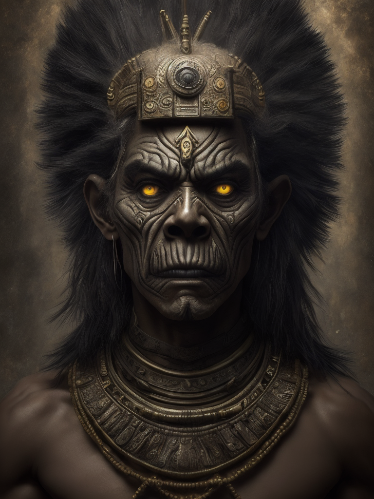 In this powerful and evocative image, mictlantecuhtli, the ancient aztec god of the underworld, emerges in all his ominous glory. rendered predominantly in stark black and white, with subtle gradations of gray, the depiction showcases the deity's menacing presence and serves as a testament to his authority. mictlantecuhtli's face embodies an intense fury, with furrowed brows and eyes ablaze with anger. his facial features are sharp and defined, with deep-set eye sockets that pierce through the darkness. elongated, bony structures form his skeletal visage, accentuating the otherworldly nature of his being. jagged teeth, stained and yellowed, protrude menacingly from his mouth, capturing his ferocity and instilling fear in those who behold him. the environment surrounding mictlantecuhtli reflects the essence of his era, transporting us to the aztec underworld known as mictlan.