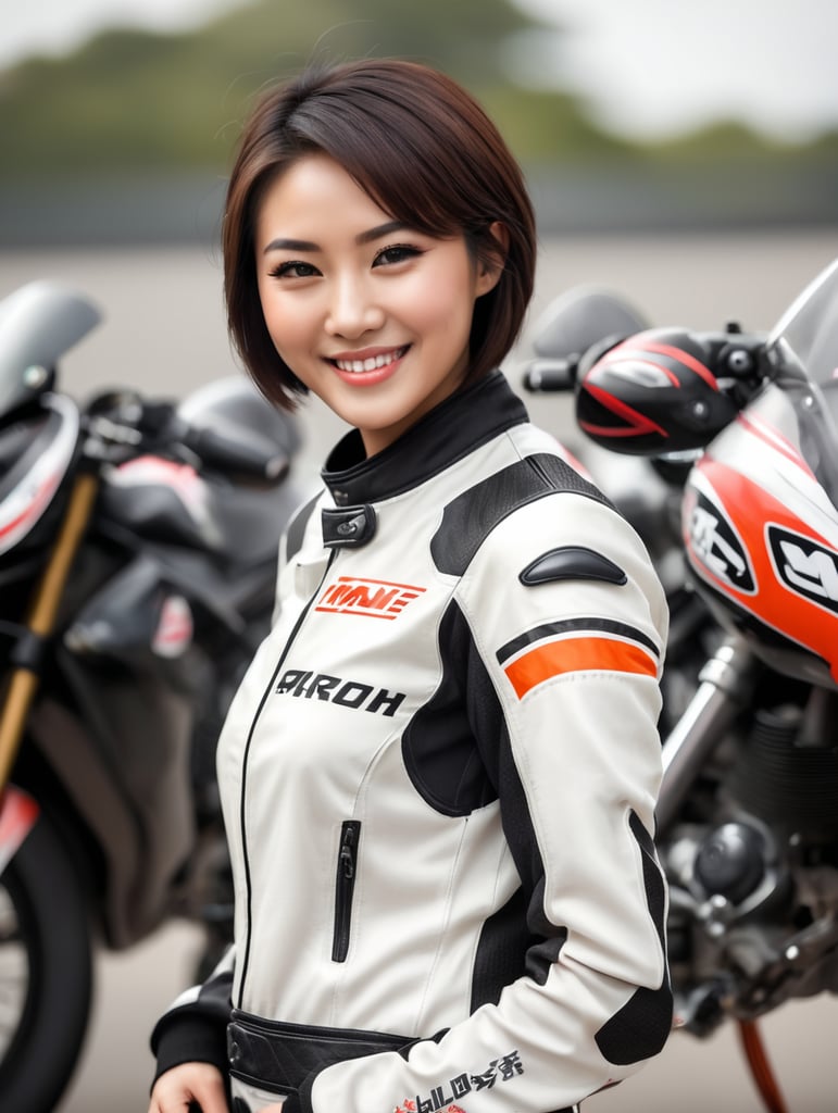Oriental female, Asian, frontal, young, beautiful, short hair, sweet, smiling, racer, wearing motorcycle racing suit.