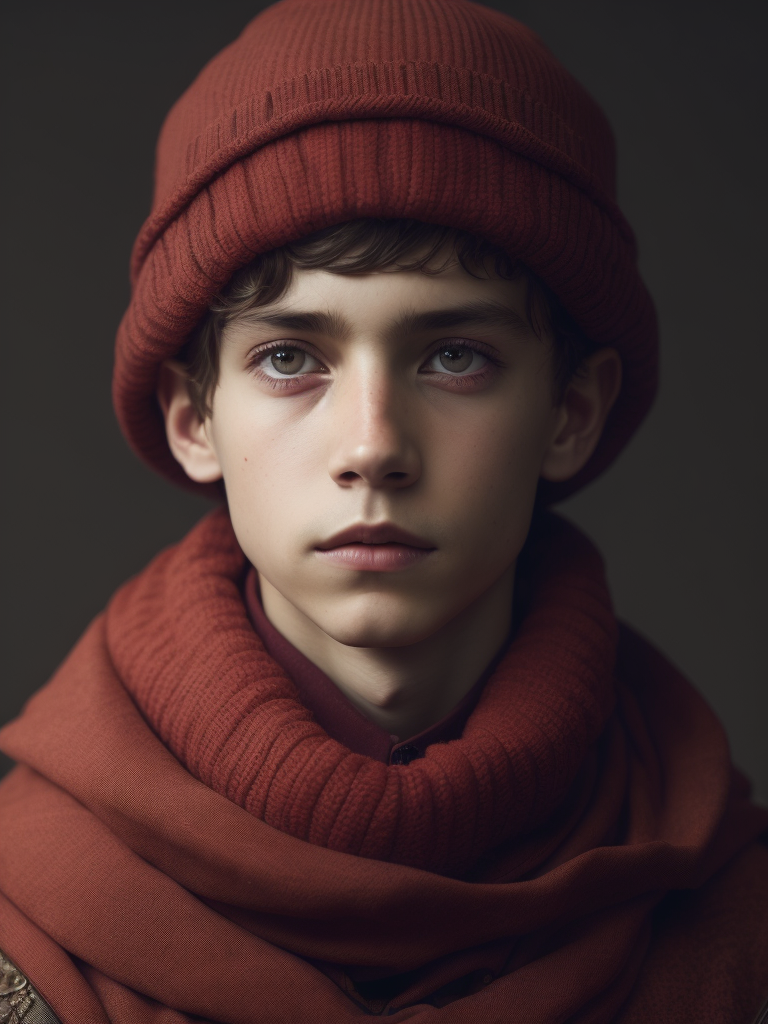 pioneer boy with a red scarf around his neck and a red cap in the style of the artist Jan van Eyck.