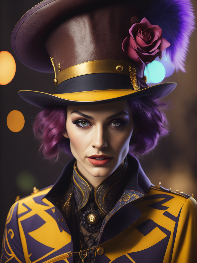 Mad hatter tea party wonderland top hat eccentric fantasy alice in wonderland quirky curious character, purple hair, Bright, saturated colors, elegant, highly detailed, fashion, fashion magazine, exentric makeup, sharp focus, dramatic lighting, shallow depth of field, incredibly high detailed blurred background, professional digital painting, concept art
