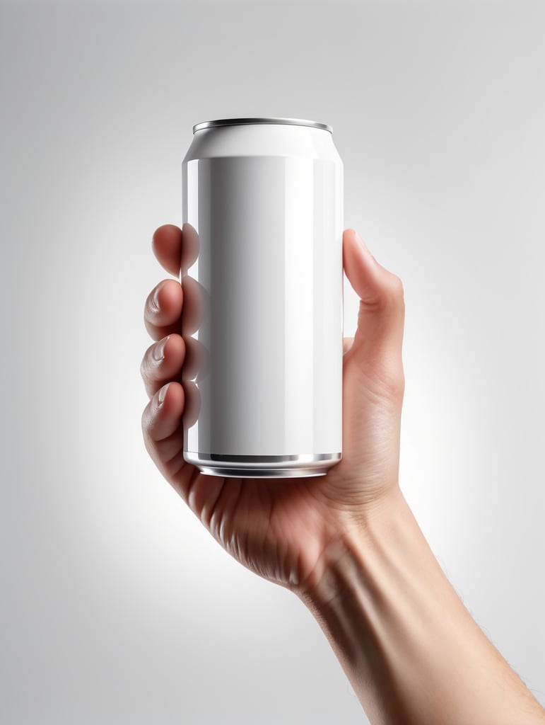 Hand holding a white can, clear, isolated, white background