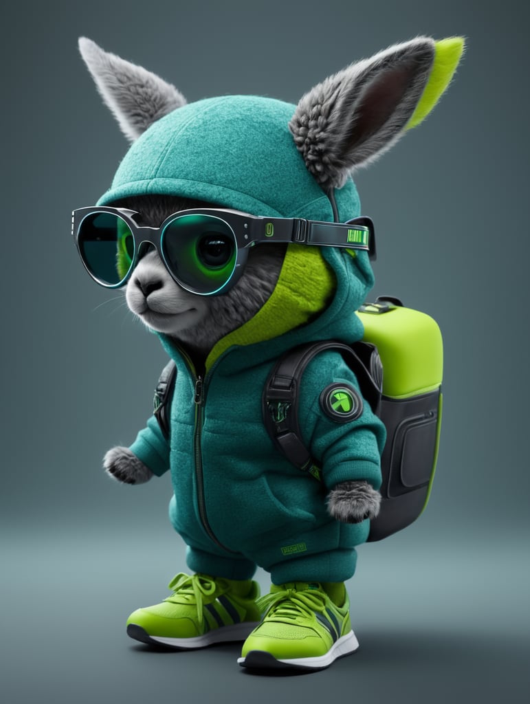 cute stylish Alpaca dressed in stylish futuristic sportswear clothes, big sneakers and a futuristic glasses green blue hesh