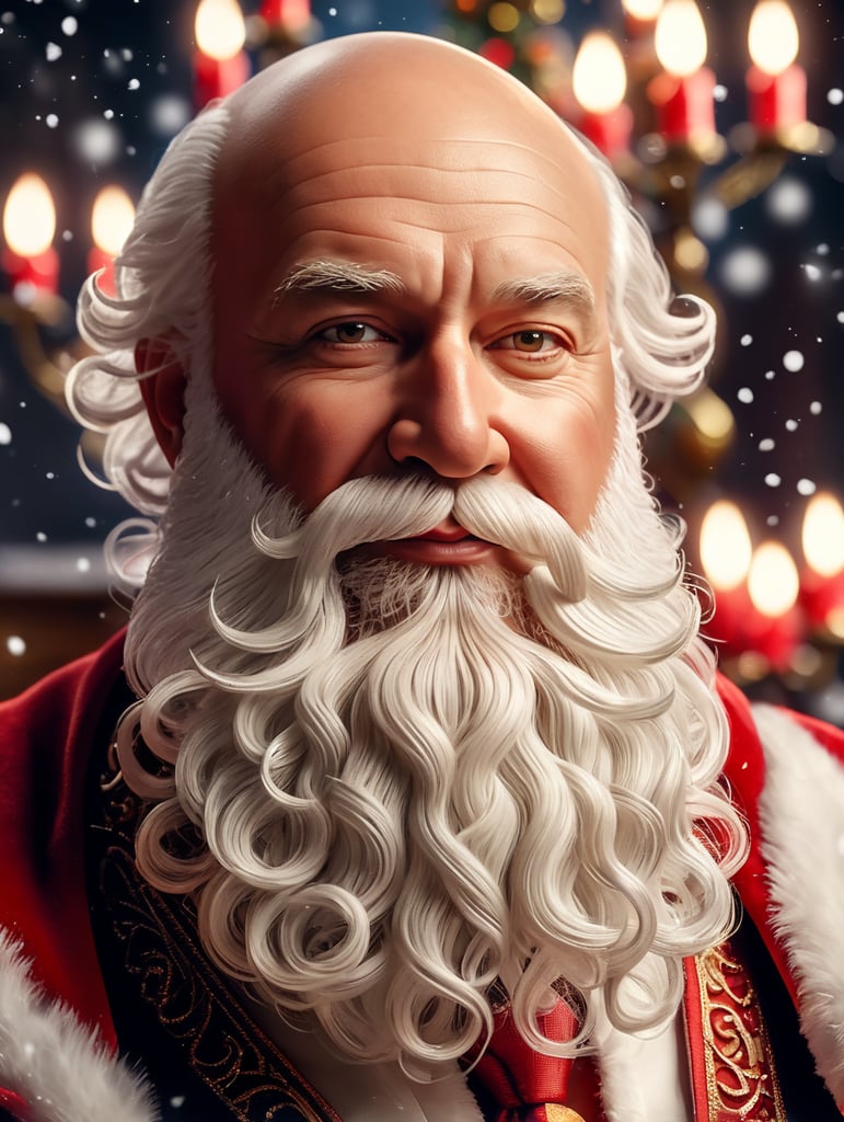 Portrait of Santa Claus, whimsical facial expression, cloned face, realistic wavy white beard, detailed beard hair, bald head, warm complexion, jolly caricature, saturated colors, all red outfit, highly detailed, sharp focus, portrait photography, depth of field, dramatic candlelit lighting, incredibly high detailed, toy workshop background, white snowflakes