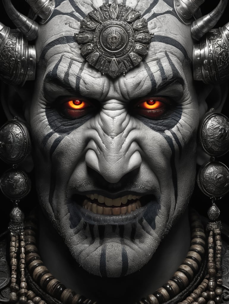 Shaman face, in the style of hyper realistic illustrations, light white and dark silver, contrasting lights and darks, noir comic art, intense gaze --ar 3:2