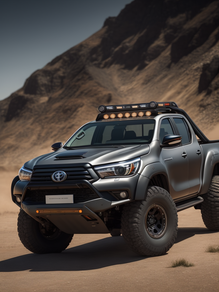 toyota hilux in metallic dark grey back view tuned like a off road Baja California truck with steel back and front bumpers