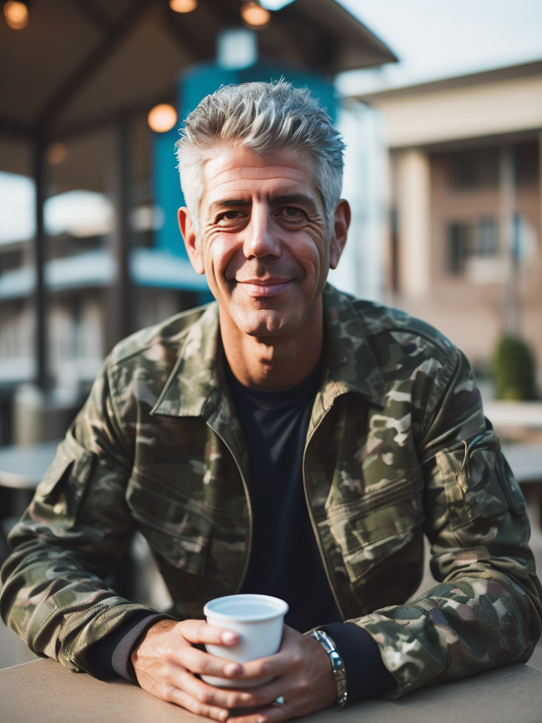 anthony bourdain in camouflage jacket and drink a morning coffee at the terrace use a light suit with black thick rims, sharp focus, highly detailed, vintage style. photoreal: 1.4, lifelike,highly detailed CG unified 8K,looking at the viewer smiling, (HQ skin:1.4), 8k uhd, dslr, soft lighting, high quality, film grain, Fujifilm XT3