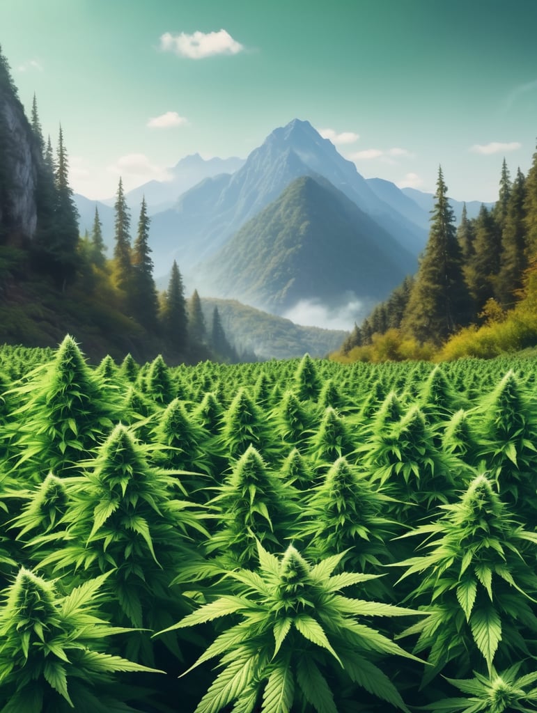 marijuana field, three mountains background, tall, green, realistic, high contrast, high color effect, 8K, detail, focus, scenery