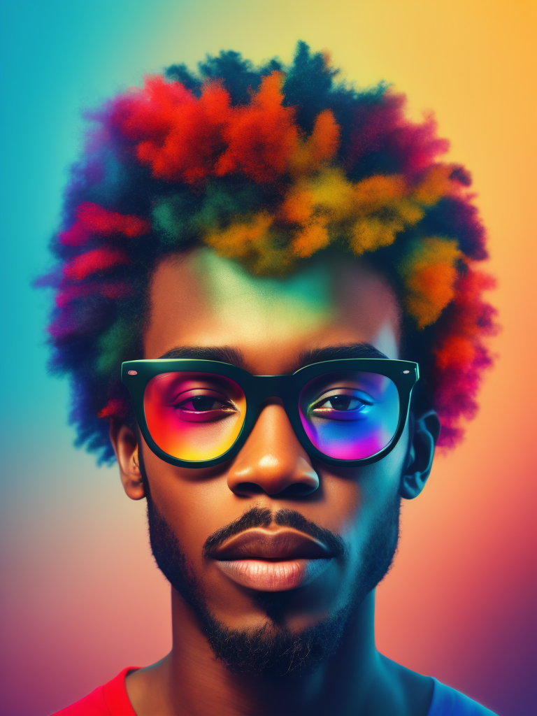 Detailed portrait of the singer the Weekend, Glasses with colored lenses, bright saturated colors, with a small beard, afro hairstyle, bright gradient background,