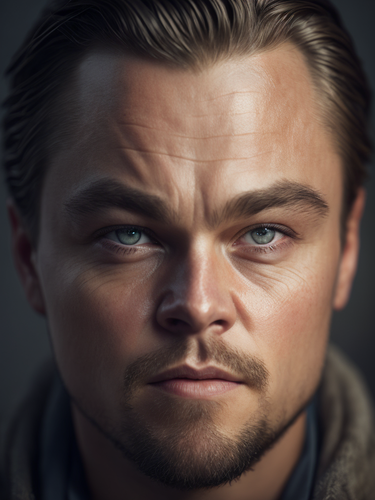 Portrait of Leonardo DiCaprio as the protagonist of The Revenant, contrasting light, detailed face, muted tones