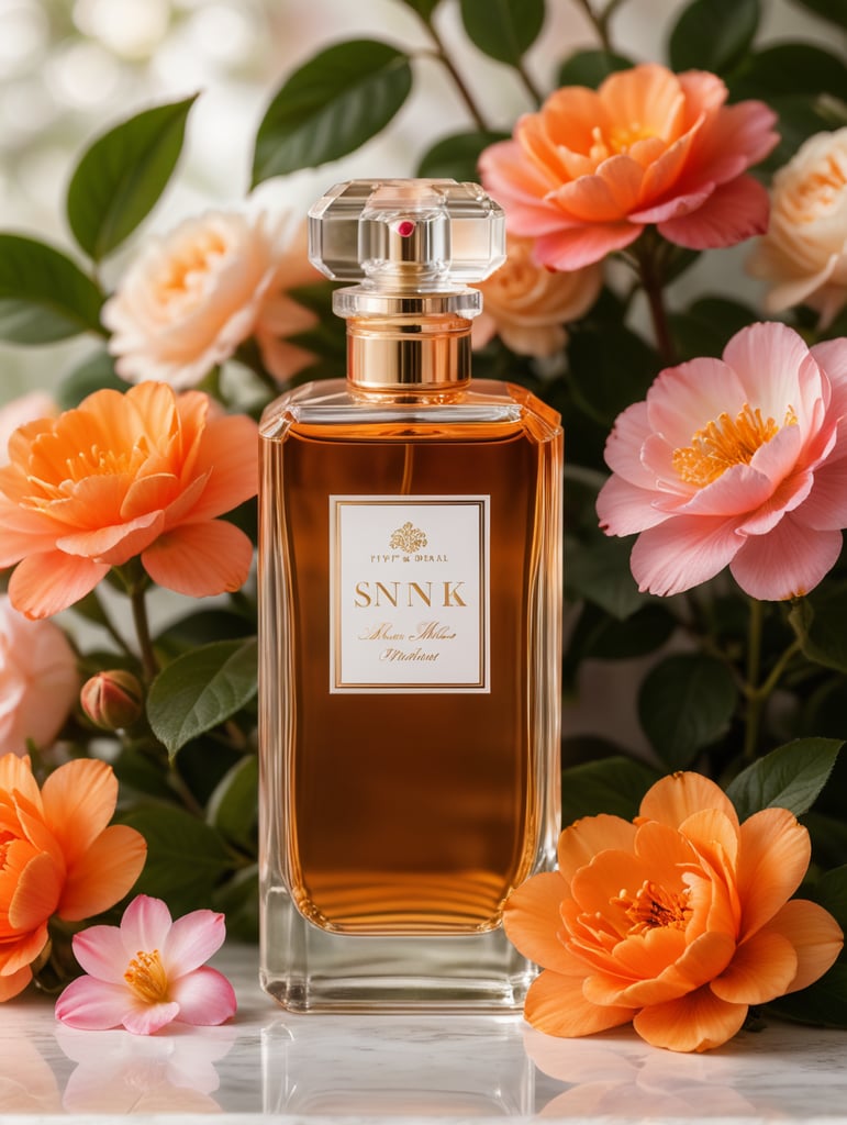 Luxury perfume bottle with blanc label, snak next to the bottle, floral background, pink and orange flowers