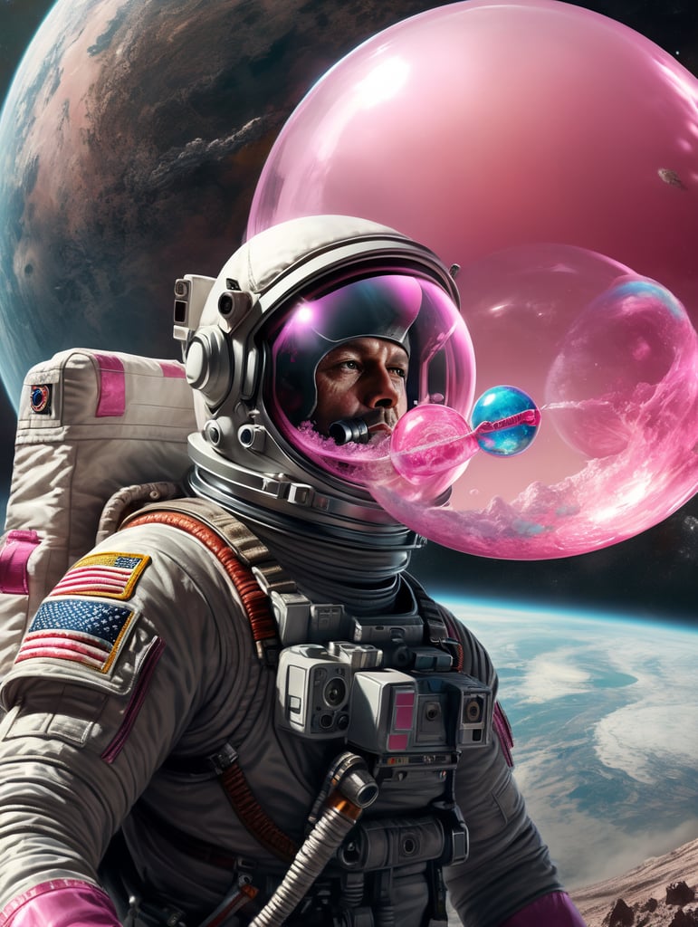 astronaut på en planet I fjern fjern galakse blæser en pink tyggegummi bobbel