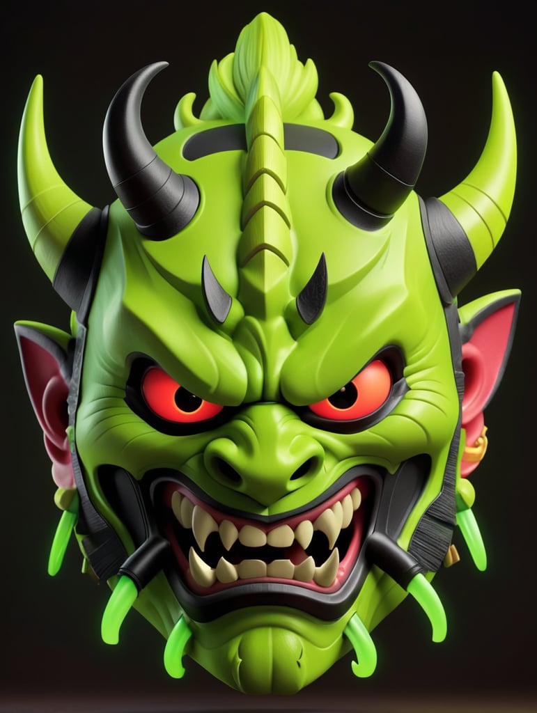 Illustration of a demon mask, demon samurai mask, oni mask, neon green oni mask, samurai mask, samurai, demon samurai, demon samurai warrior, oni horns, cartoon, 3d render, soft shadows, cartoon, pixar, neon green and black, close up