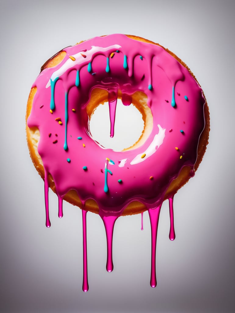 a painting of a donut, dripping in neon paint, surreal bright pinks, by Antoni Pitxot, neon paint drip, neon, dripping paint, melting and dripping. eerie, inspired by Nick Gentry, inspired by Roberto Parada