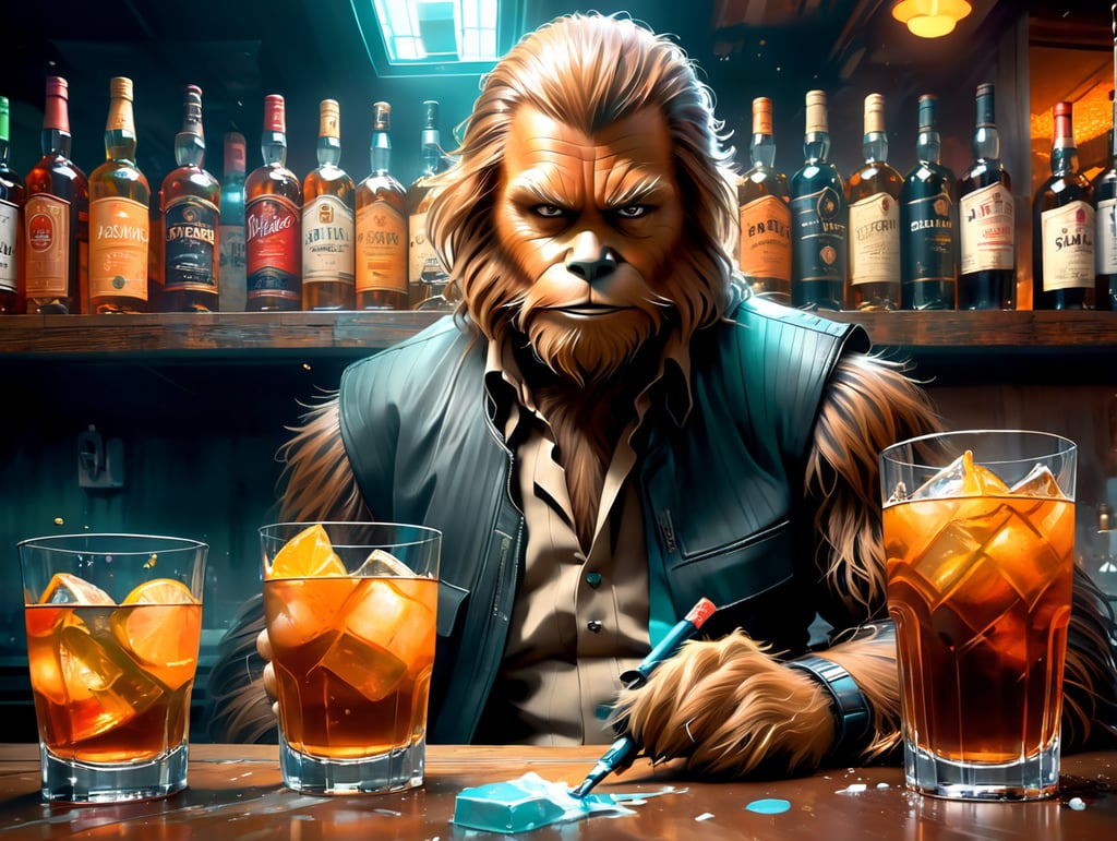 Chewbacca down on his luck drinking scotch in a sleazy bar
