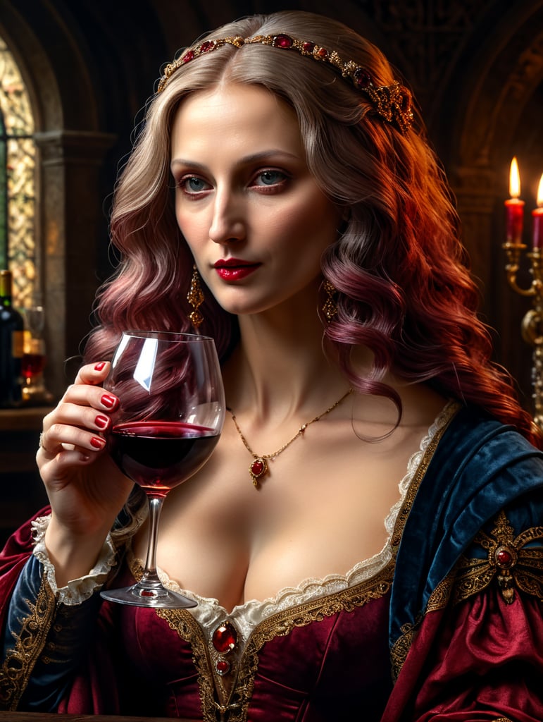 Draw Monnalisa by Leonardo Da Vinci drinking a red wine