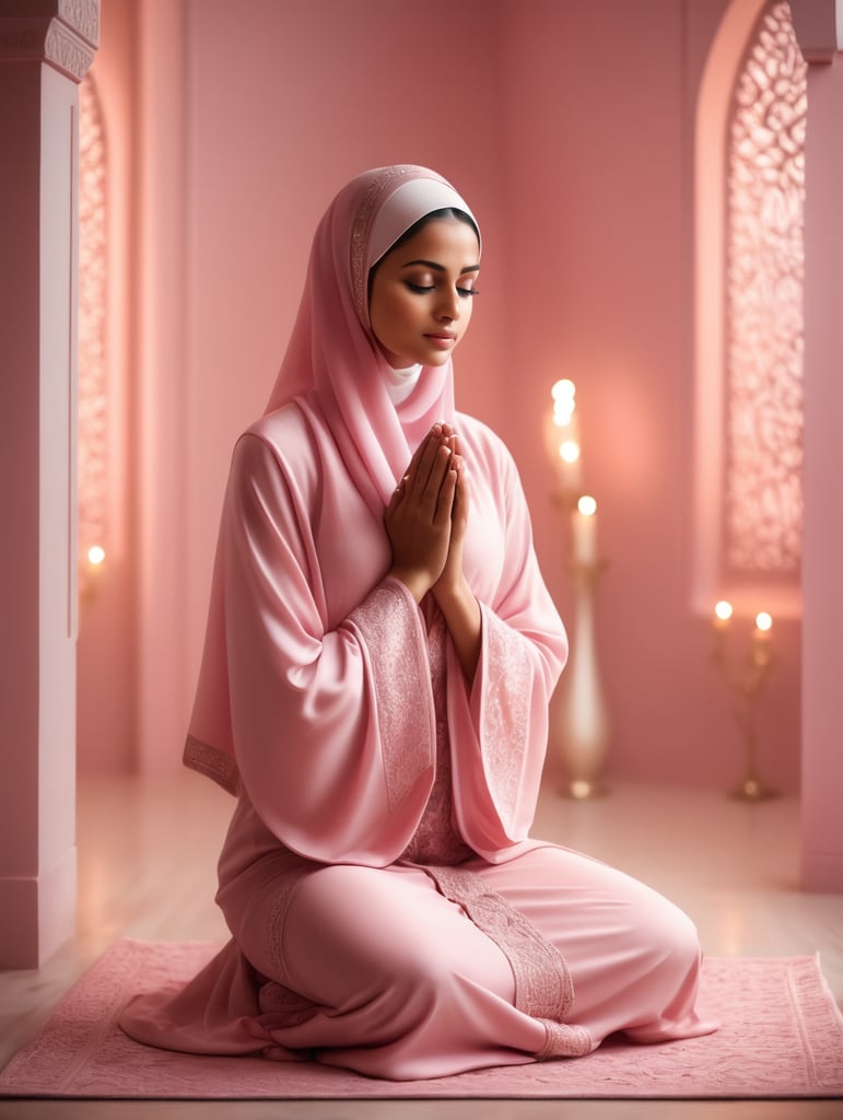 A Muslim lady in a room coloured with pink praying with her body covered