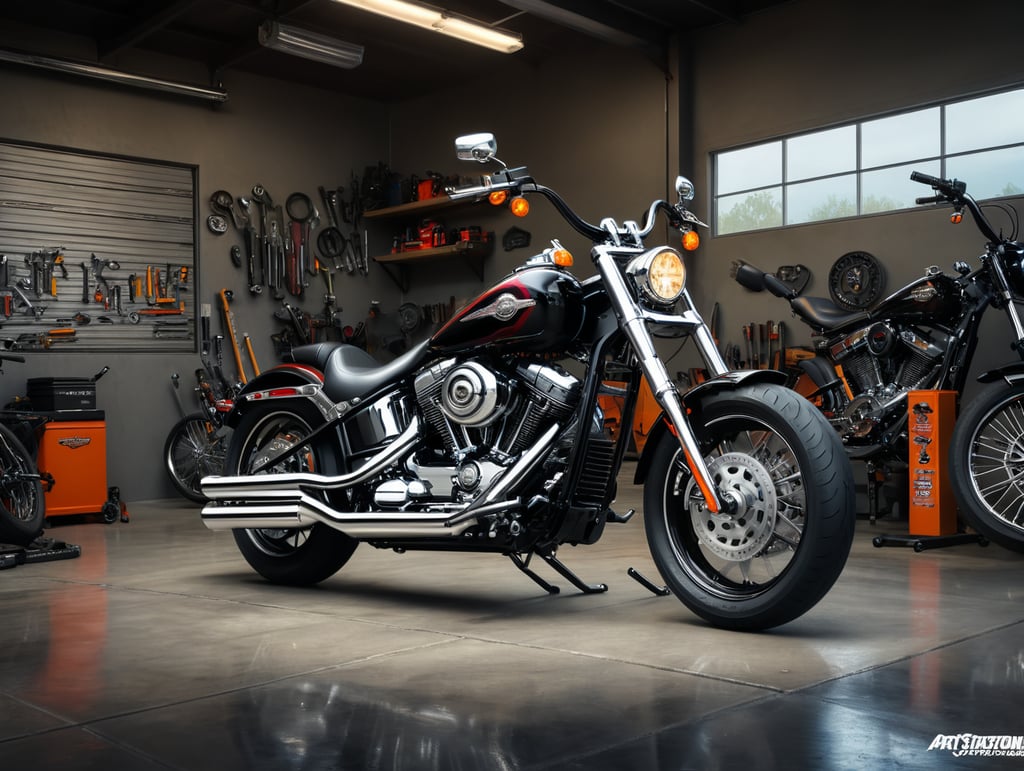 Black chrome Harley-Davidson Softail Breakout flat handlebar inside a garage, must be visible the motorcycle is inside a garage, mechanic tools, clean image, incredible graphics, 4, in ride 5 style