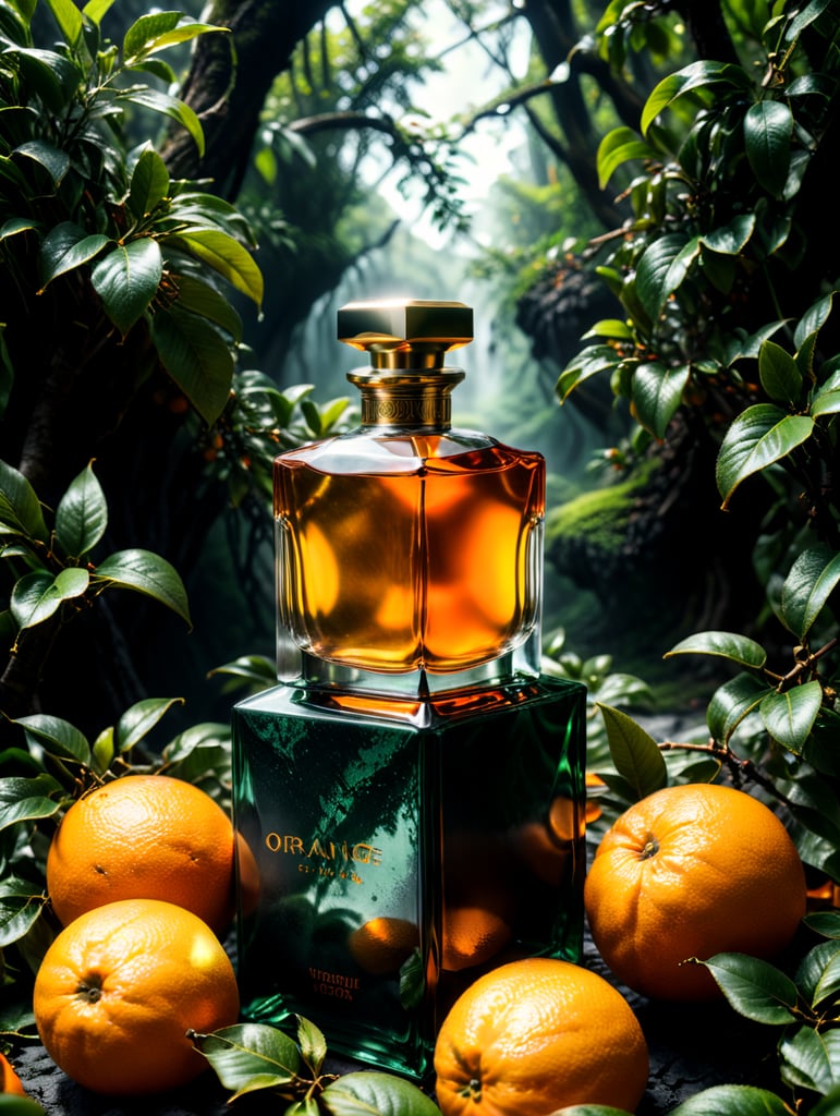professional photography of a luxury perfume, orange fruits around, orange forest, green satin scarf, no label, clear, mockup