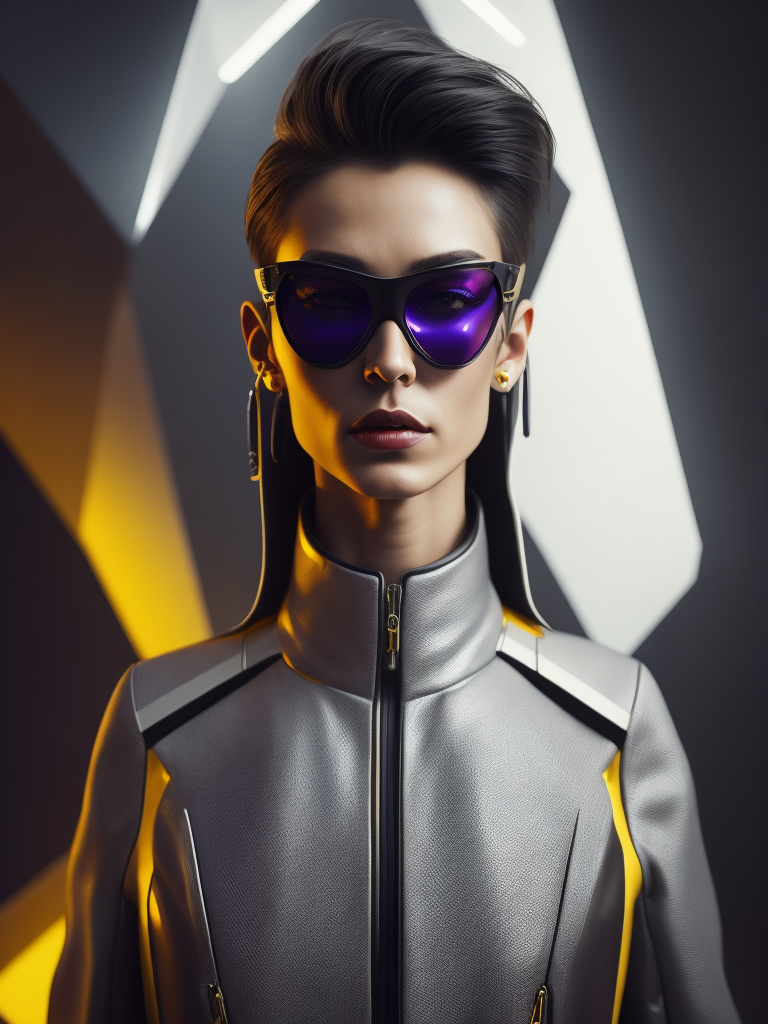extremely detailed real photo with complex small details: thin beautifull super model in an elegant purple minimalistic suit couture, yellow details on uniform, clean grey color background, modern 1950's tight suit, wearing blow up sunglasses with futuristic see throug glass visor on top, hyper realistic, colored sharp lips, skin texture detailed, scifi, editorial fashion, Futuristic art, real person, futuristic fashion, sharp lines, light sources from above, cinematic lighting, smooth color grading, dynamic white, award winning photo, editorial photography, shot with PhaseOne camera