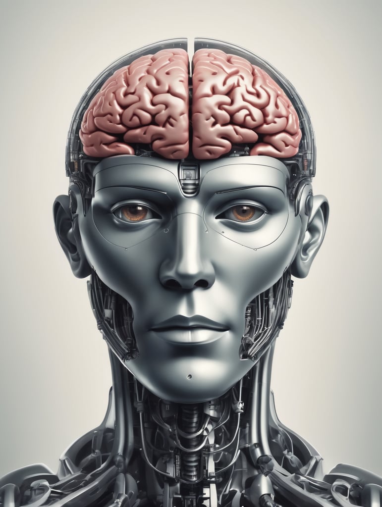 create a book cover on AI for Business Management and Social media marketing. cover image should look like a human with a transparent head and a robotic brain can be seen through the head.