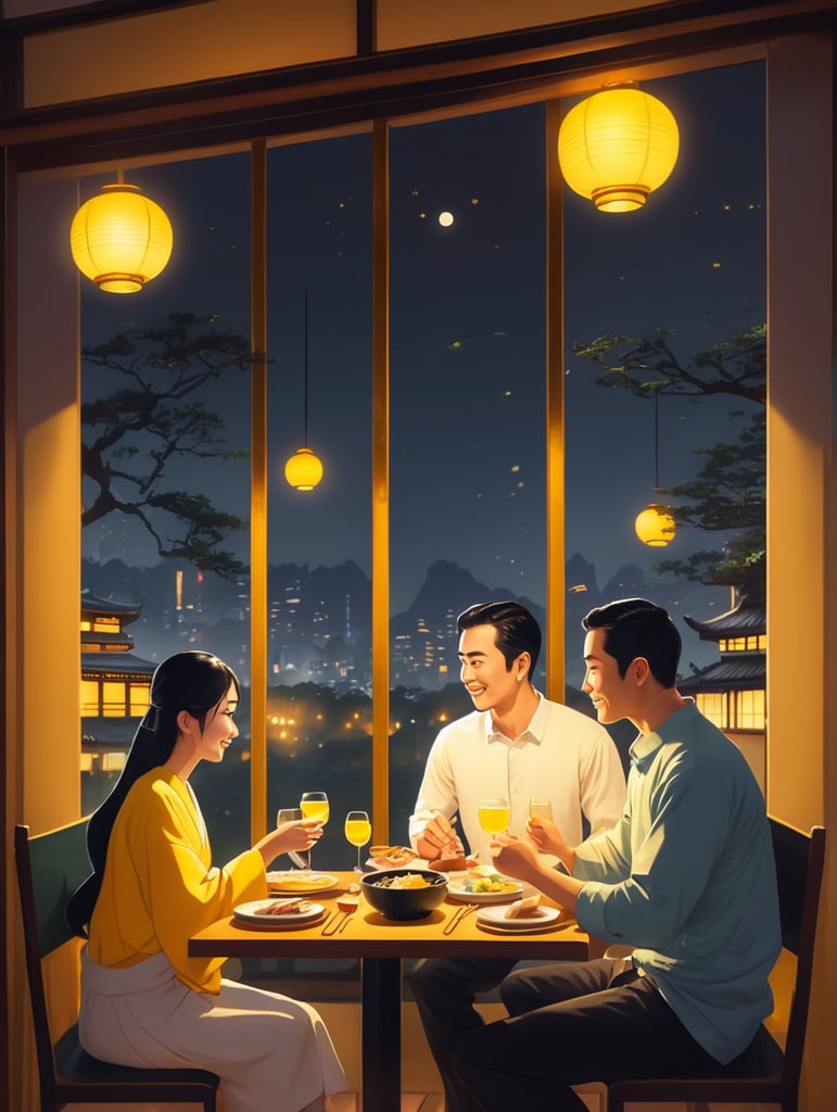 couple dinner at japanese restaurant with yellow light ambience, background big window glass with night scene, disney art style