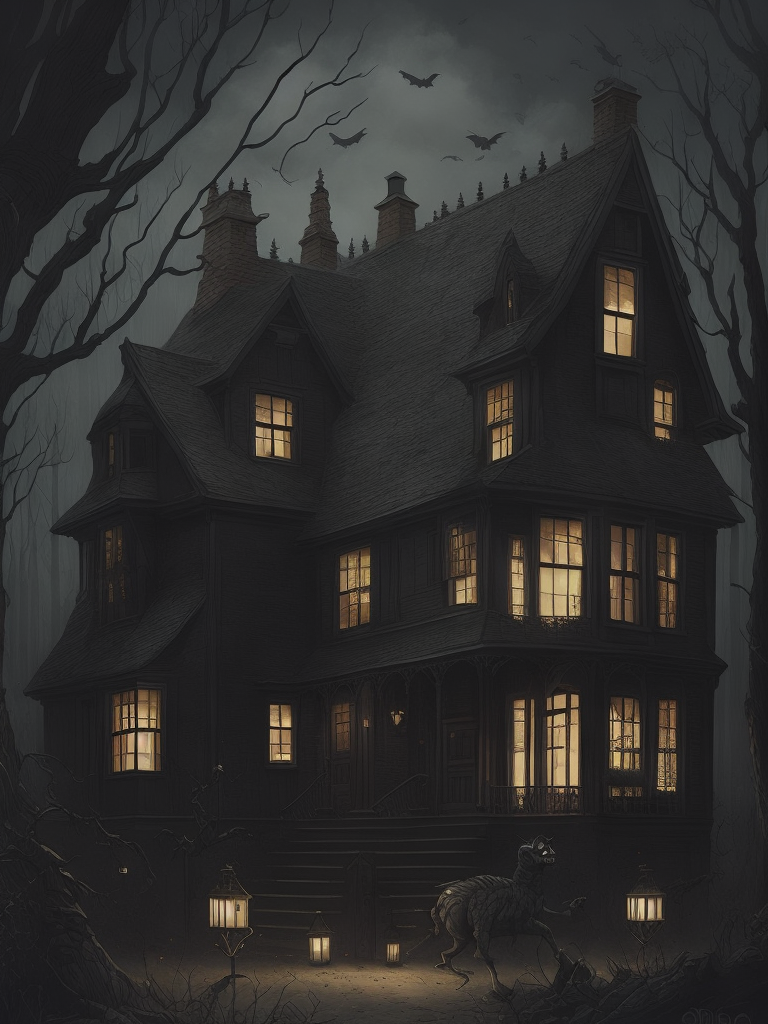 john kenn mortensen style, haunted house full of monsters