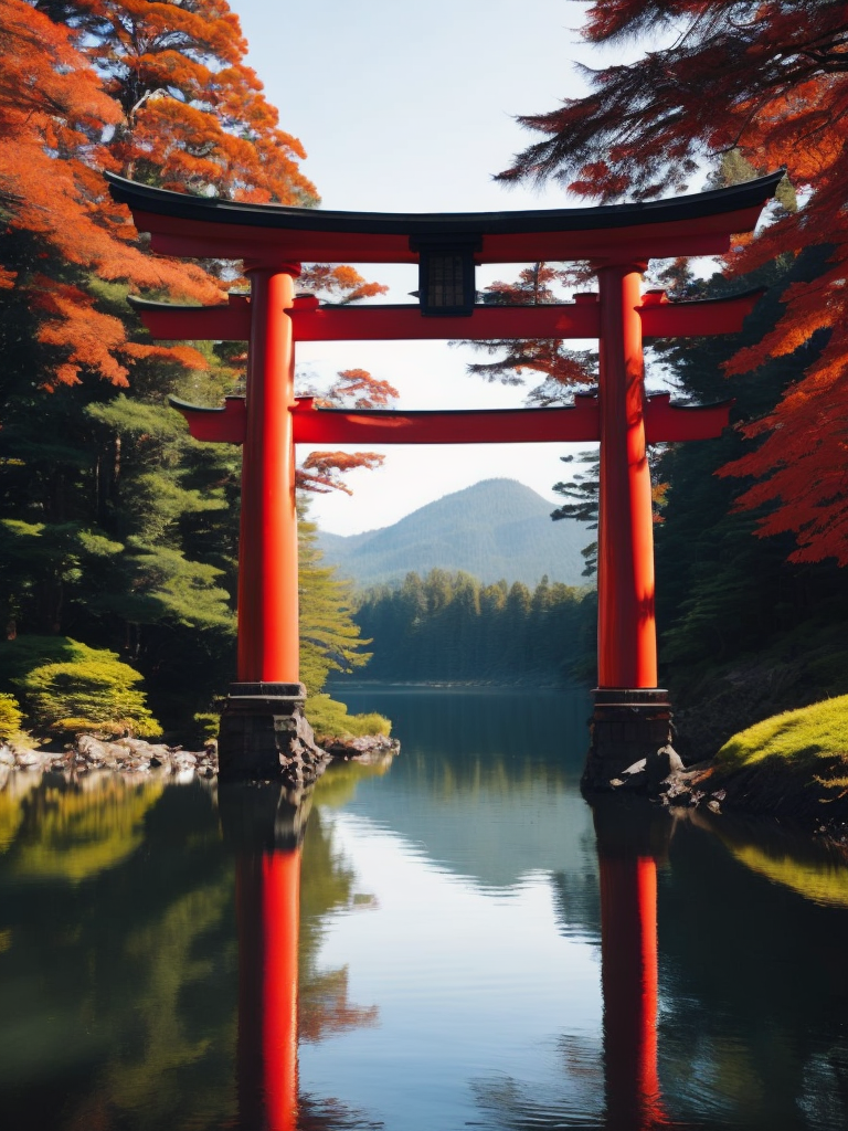 Red torii gate in middle of a lake, Dense forest on the edge of the lake, Bright and saturated colors, Japanese culture, photorealistic, contrast light