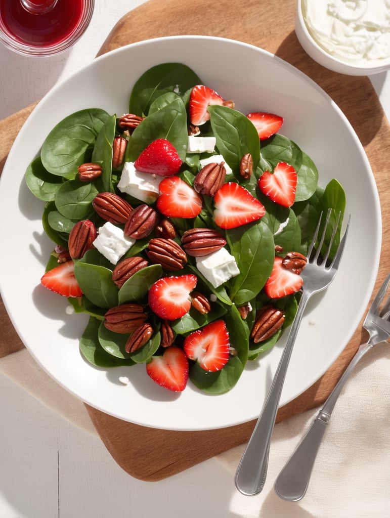 Spinach and Strawberry Salad, small plate on a wooden table, Description: A sweet and savory combination of fresh baby spinach, ripe strawberries, goat cheese, and candied pecans, often served with a balsamic vinaigrette.