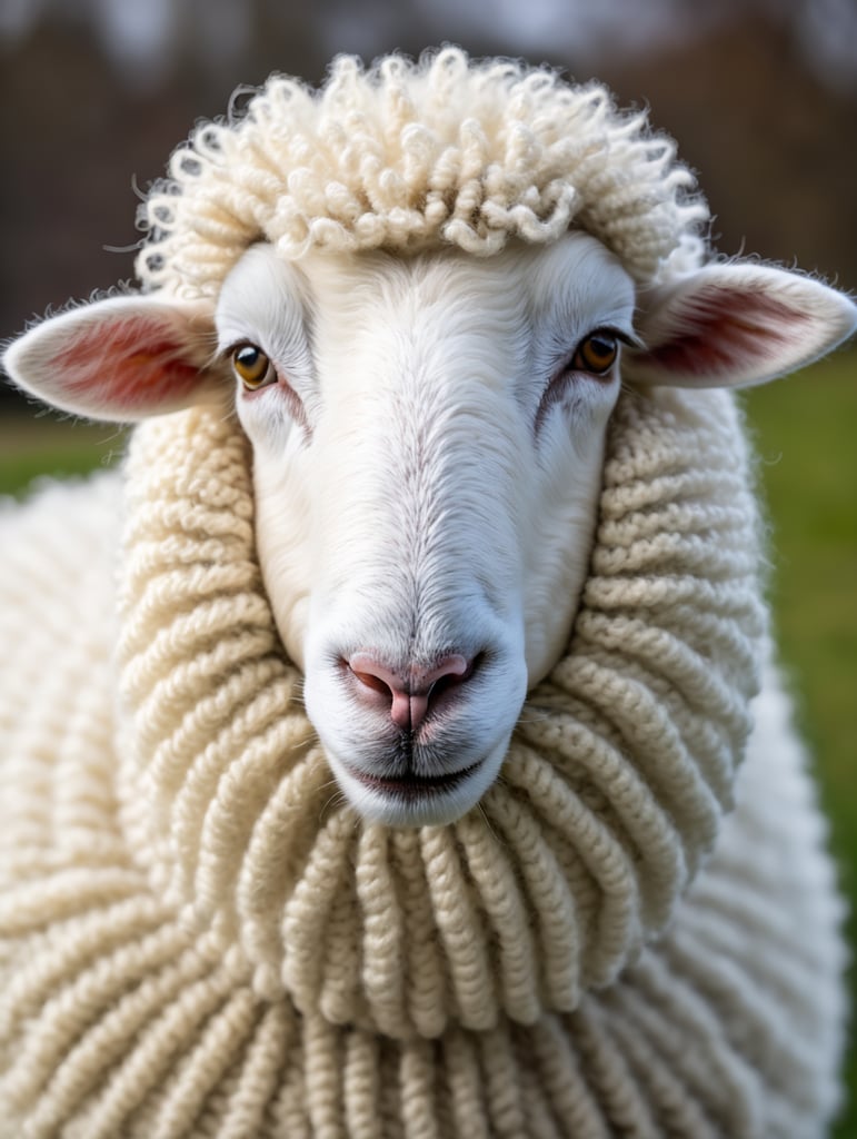 a white sheep wearing very hirsute crocheted sweaters for sheeple, portrait