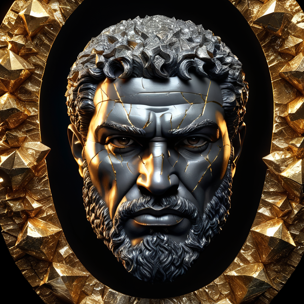 A cracked Diamond sculpture of a Hercules head with gold inside, studio lighting, dark background