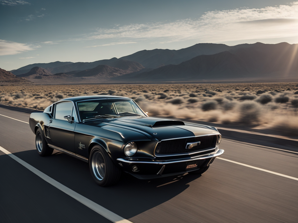 1968 black ford mustang on the highway, speeding towards the sun, sunset, mountains in the background