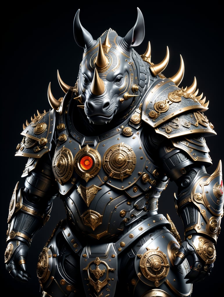 crie um antropomorfo rhino de corpo inteiro usando armadura de tecnologia militar, guerreiro do zodíaco, fundo preto bem definido, bem detalhado, ultra realista e infinito.