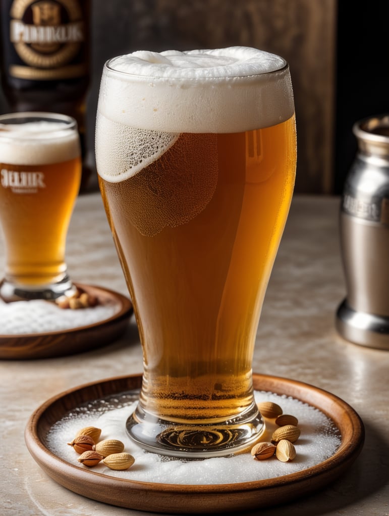 small round stainless steel plate filled with dry peanuts, one gorgeous pint of beer, beer swirl inside glass, one inch of white foam on top, transparent beer, frozen glass, advertisement, highly detailed